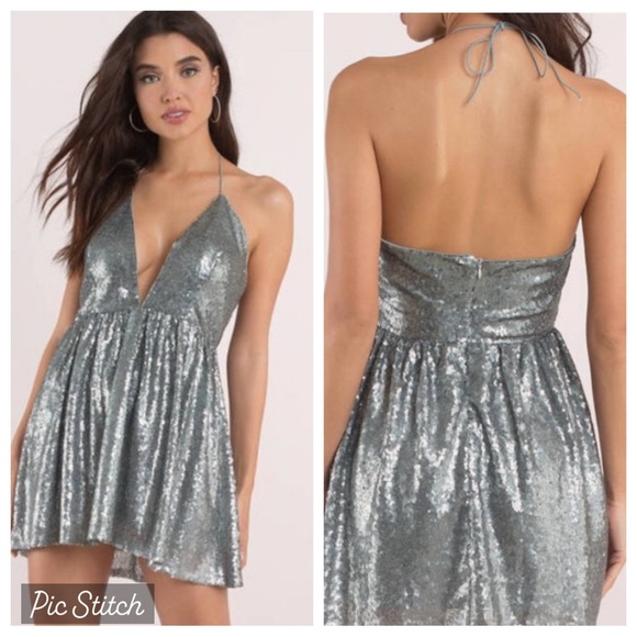 Tobi silver sequined plunging neck halter dress - Picture 1 of 9